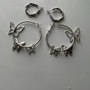 Silver Butterfly Hoop Earrings Set